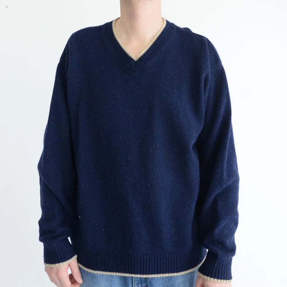 Vintage 90S Northern Elements Navy &  Cream Wool V-Neck Sweater